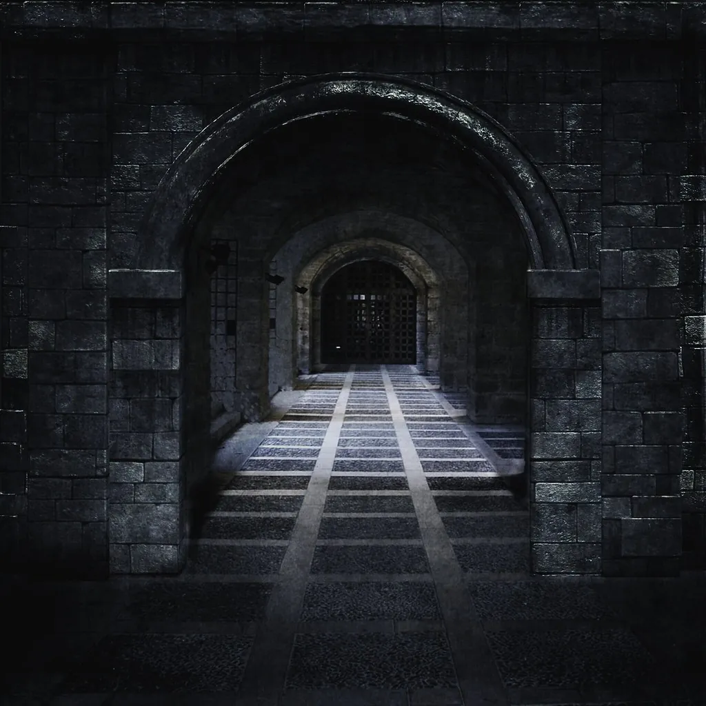 Túnel de piedra con un arco al fondo iluminado