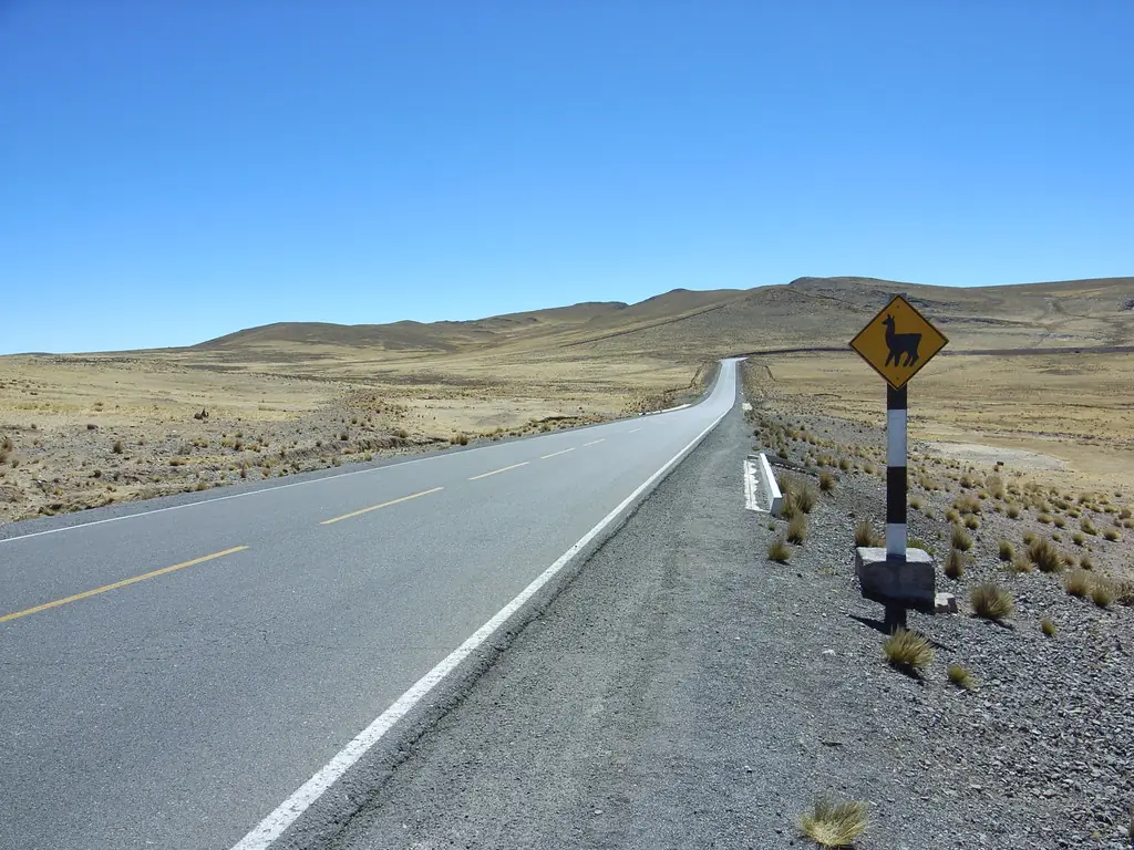 Carretera vacía que cruza una meseta andina bajo un cielo despejado
